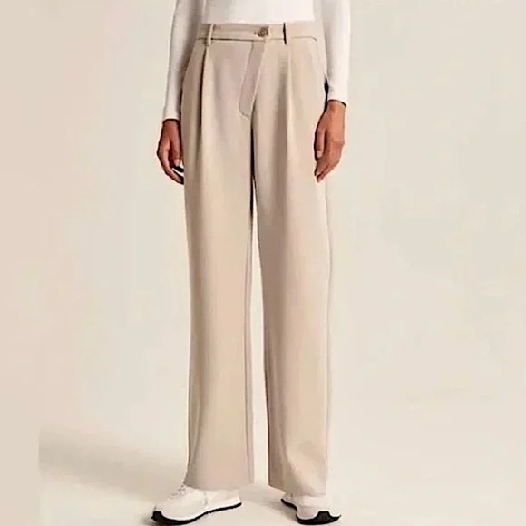 Abercrombie & Fitch Criss Cross Tailored Wide Leg Trousers in Tan Size S Short - Picture 1 of 11